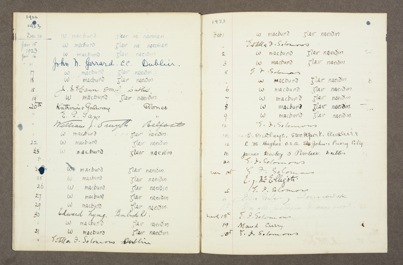 Visitors' book with signature of Estella Solomons