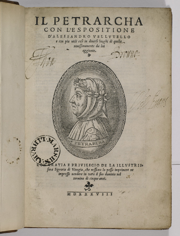 Title page of Francesco Petrarch, Il Petrarcha con l'espositione d'Alessandro